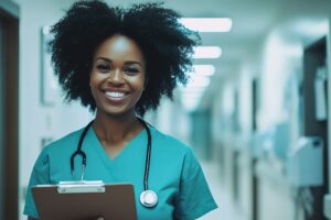 Smiling Female Doctor Holding Clipboard in Hospital Corridor