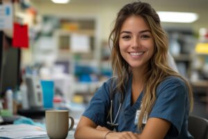 Smiling young woman enjoying coffee at work in a busy office environment